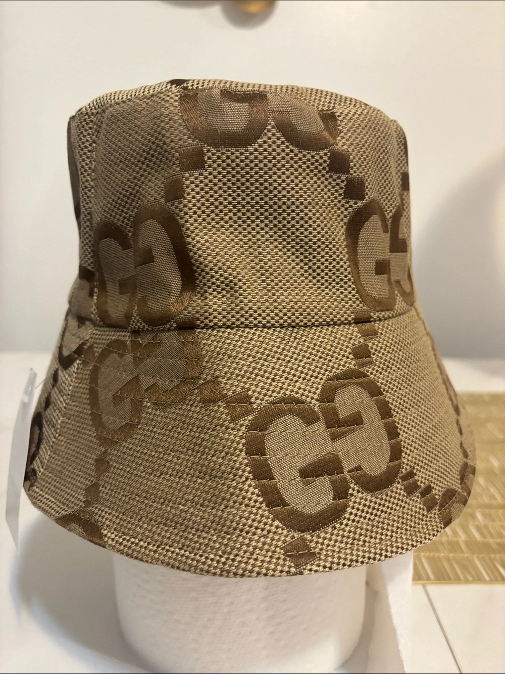 Gold Beige GG Jacquard Bucket Hat with Double G Emblem - Picture 3 of 7